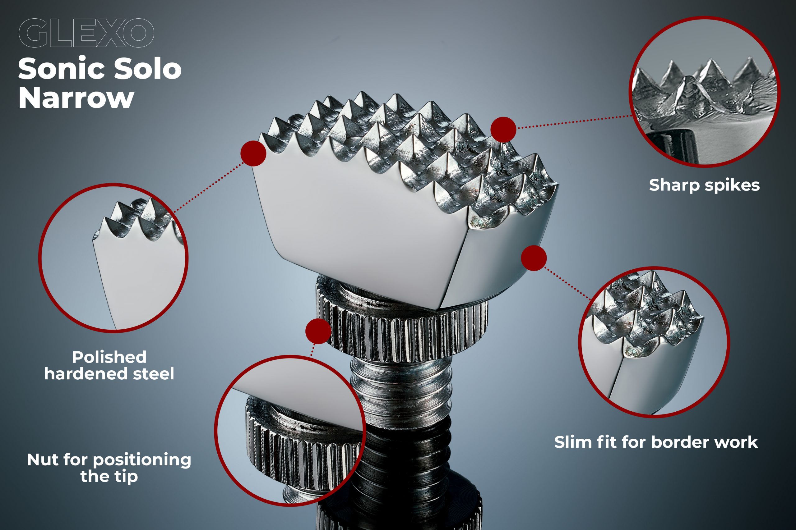 Glexo Sonic Sharp narrow PDR tip close-up for dent finishing